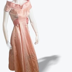 Vintage 1950s Satin‎ Off Shoulder Ruched Couture Ball Gown Rare Hand Sewn As Is